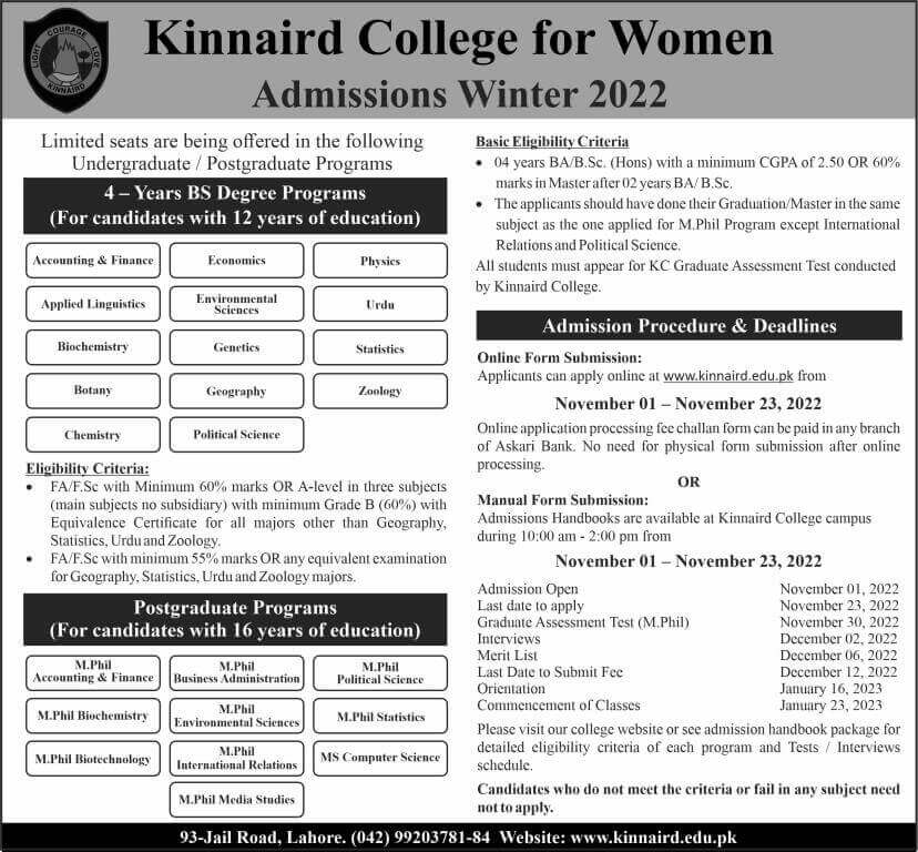 Kinnaird college for women university bs programs fee structure